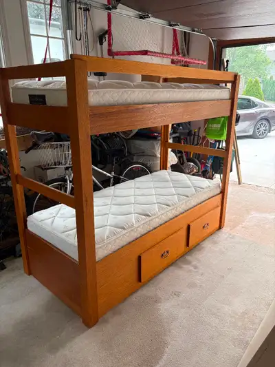 Solid wood bunk beds. New mattresses., View more