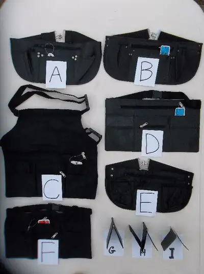 Tabliers de serveur/serveuse et portefeuille clip neufs. Je vend le A et le B en cuir : 30.00, le C...