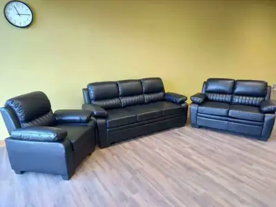 New black leather sofa, loveseat & chair. Free delivery disposal, View more