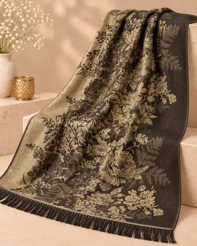 Elegant Black & Gold Floral Pashmina Shawl / Wrap, View more
