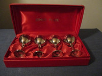 VINTAGE BOXED SET OF 4 WINE GLASSES-E.P. ON BRASS-1980S-ENGRAVED