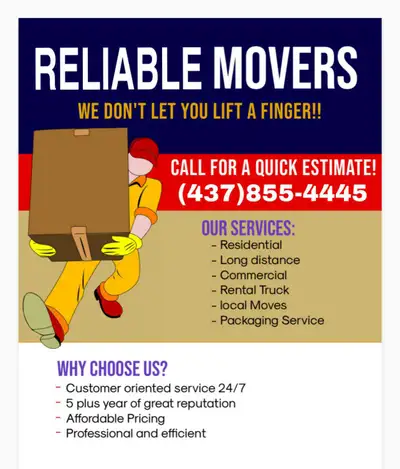 Afordable & Reliable Movers $39/hr ShortNotice Moving 4378554445, View more
