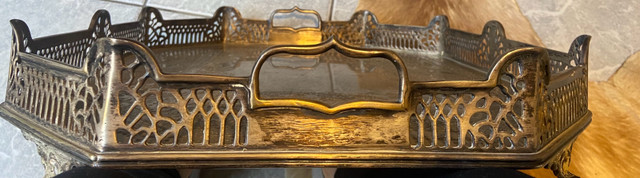 Vintage large brass tray hand etched footed with handles  in Arts & Collectibles in La Ronge - Image 3
