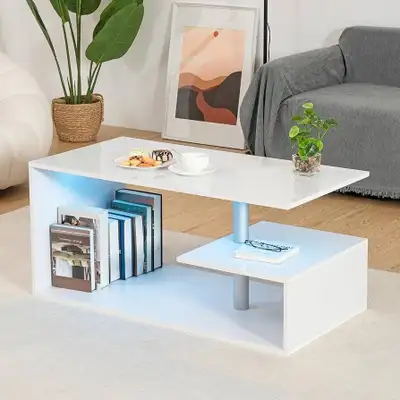 White 2 Level Coffee Table with Storage and LED Lights 100*50*46, View more
