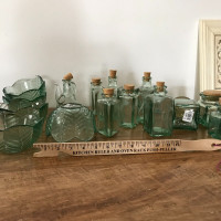 thick green glass bottles and bowls (never used)