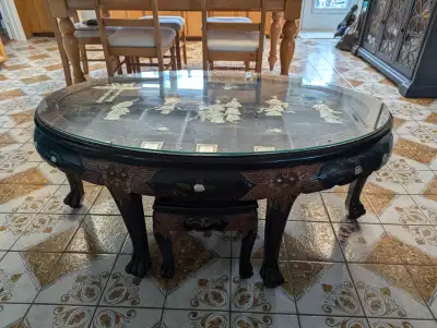 Oriental Lacquered wood coffee table and six hand painted stools, View more