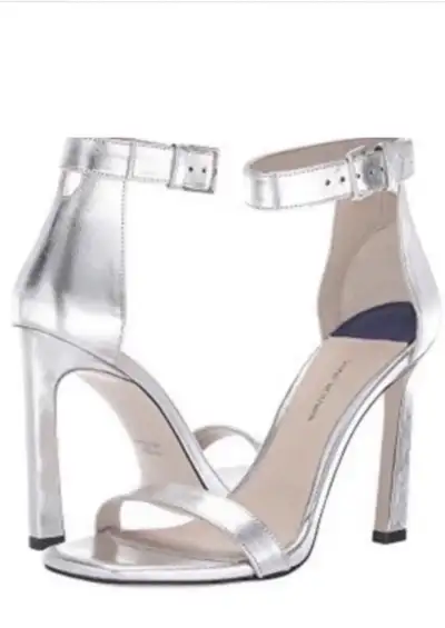 Stuart Weitzman 100 Square Nudist Silver Leather Heels, View more