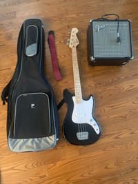 Fender Squier Bronco Bass with Rumble 15 Amp Case and Strap
