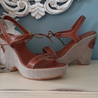 Via Condotti leather & canvas wedge sandals women Size 7 1/2