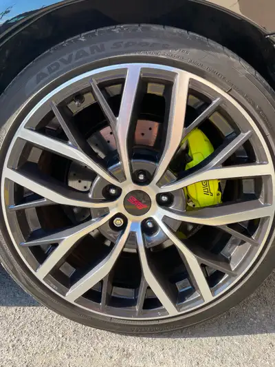Subaru 2021 STI wheels and tires… taken off car with less than 5000km. Tread is perfect and wheels a...