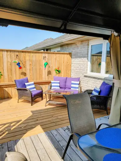 Large Patio table with 6 chairs, Wicker set with bench seat, 2 chairs and glass top table. Cushions...