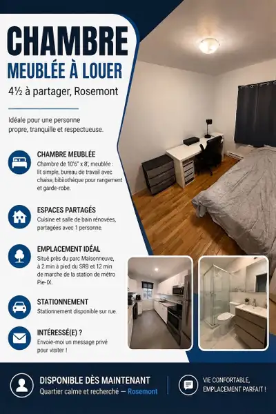 Chambre meublée à louer — 4½ à partager, Rosemont DISPONIBLE SEPTEMBRE ET OCTOBRE Chambre de 10’6” x...