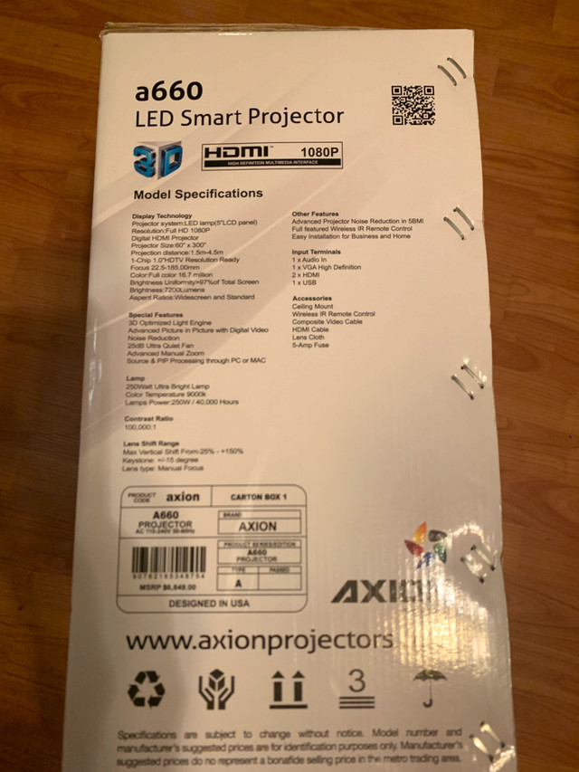 Axion A660 LED 3D Smart Movie Projector.  Brand New in Box! in Video & TV Accessories in Oshawa / Durham Region - Image 4