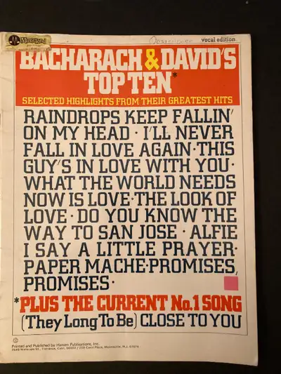 1960s Bacharach & Davids Top Ten Vocal Edition Sheet Music, View more