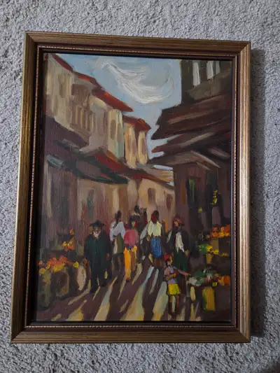 Evocative vintage original oil painting from the 1990s – a bold abstract landscape with a winding pa...