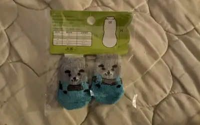 Bought by my mom for my 1 year old JRT Pup who loathes anything on his paws. They don't fit his teen...