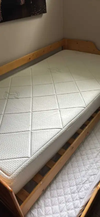 twin bedframe and 2 mattresses, View more