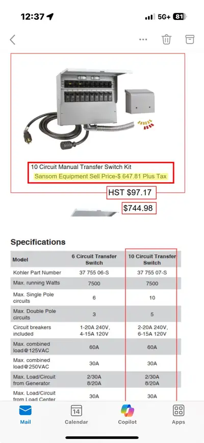 Hey I have a Pro/Tran 2 Manual Transfer Switch Kit for sale was opened but never used decided to go...