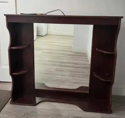 Decorative dark wood mirror with side shelve, View more