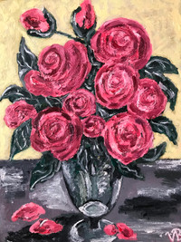 Roses in a Clear Vase Original Oil Painting on Canvas Panel