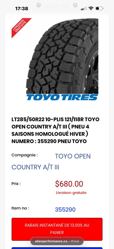 Je vends 8 pneus Toyo Open Country A/T III de dimension LT285/50R22 avec seulement un mois d'usure,...