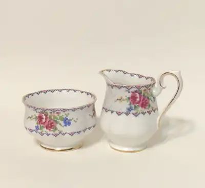 1932-1940: Royal Albert “Petit Point” Sugar Bowl and Creamer, View more