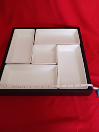 Wooden serving tray and ceramic dishes
