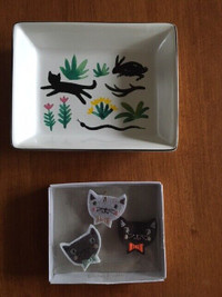 Cat Embroidered Brooches & Small Ceramic Jewelry/Soap Dish - NEW