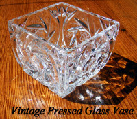 Vintage pressed glass cube vase, pinwheel & starburst, sparkles