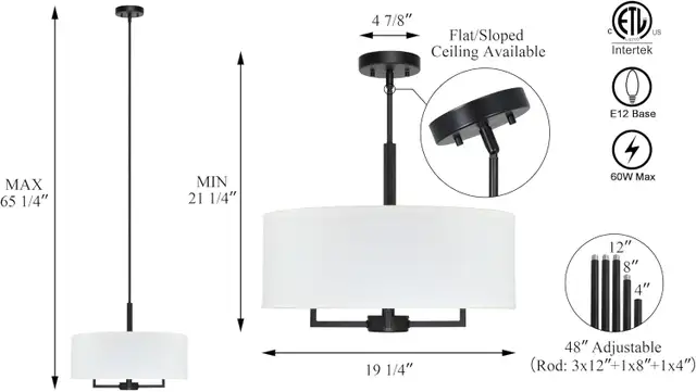 Farmhouse 4-Light Drum Chandelier with White Fabric Shade - Blac in Indoor Lighting & Fans in City of Toronto - Image 7
