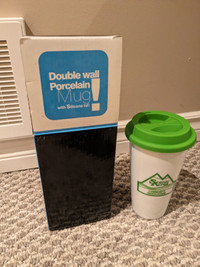 Brand New Double Wall Porcelain Mug w/ Silicone Lid