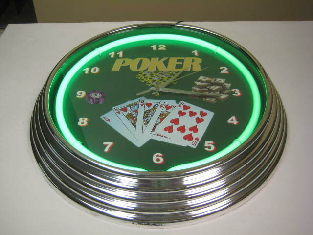 Poker 15" Neon Wall Clock (Chrome Rim/Green Neon) in Arts & Collectibles in Oakville / Halton Region - Image 2