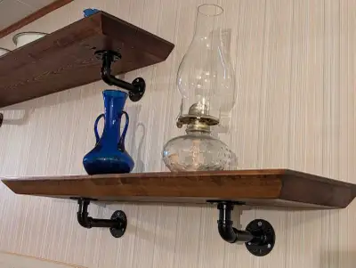 Rustic Pine Shelves on Pipe Brackets, View more