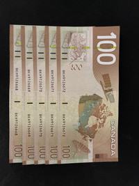 2004 Canada Bank Of Canada $100 Dollars - 5pcs CONSECUTIVE SERIE