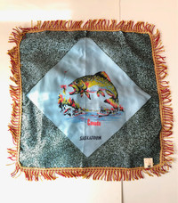 Vintage NEW Souvenir Fringe Pillow Cover Saskatoon Retro Fishing