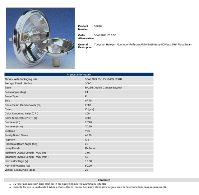 SYLVANIA 59016 50AR70/FL25 12V Bayonet BA15D Halogen Light Bulb in Indoor Lighting & Fans in Laval / North Shore - Image 3