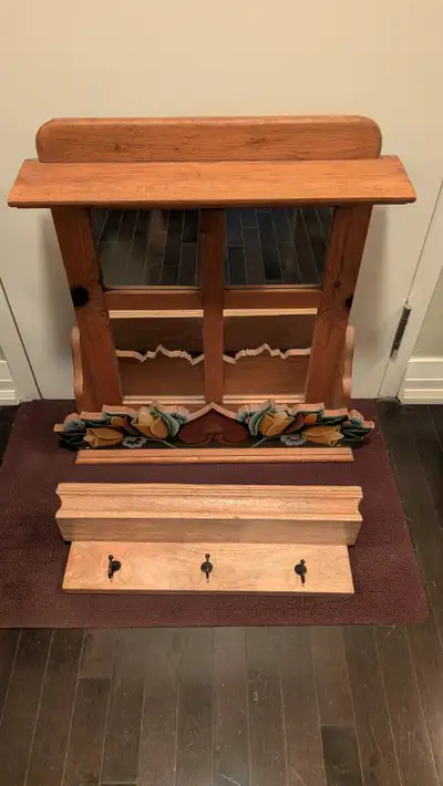 Hand-Painted Wooden Wall Shelf/Mirror with Coat Hooks, View more