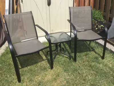 Lovely set small table and 2 chairs stackable, View more