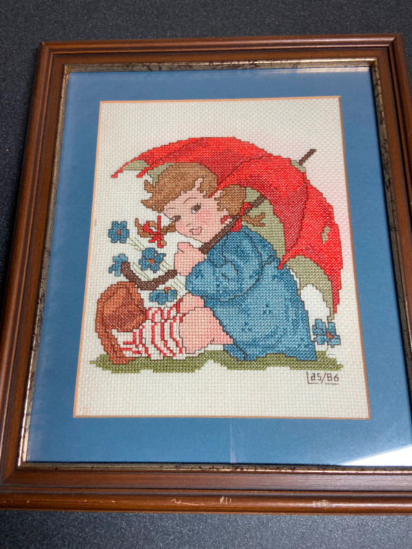 Vintage Handmade Hand Cross Stitch Hummel "Girl with Umbrella" in Arts & Collectibles in Sarnia - Image 2