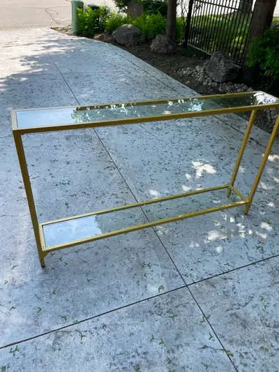 Two gold tables: Console table & round end table, View more
