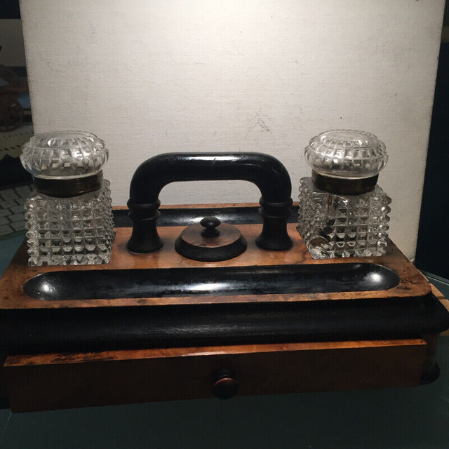 Antique Victorian Wooden Inkwell Stand Desk Tidy Twin Glass Inkw in Arts & Collectibles in Vancouver