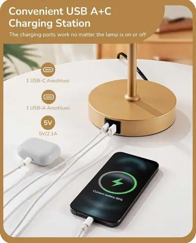  Bedside Lamp Touch Control, with USB C+A Charging Ports,, View more