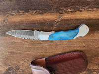 Brand New Damascus Steel Folding Knives with Leather Sheath