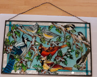 Vintage Stained Glass Art Panel with Bird's in a Tree