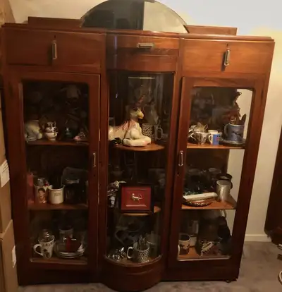 Antique 40s Mahogany Brown-Cognac Glass Display Cabinet Hutch, View more