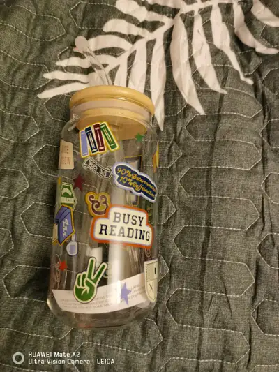 Glass water bottle wood top with glass lid w stickers book style, View more