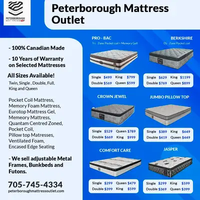 HIGH QUALITY CANADIAN MADE MATTRESSES!! UPTO 75% OFF!! , View more