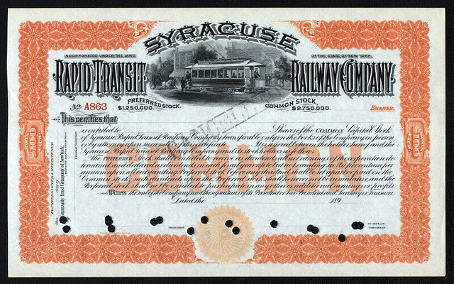 189_ New York: Syracuse Rapid Transit Railway Stock Certificate in Arts & Collectibles in Oakville / Halton Region