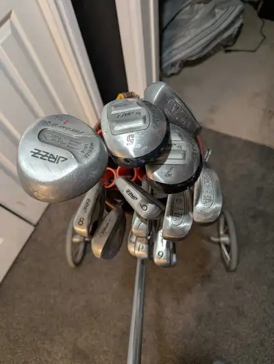 full set of clubs, vintage wilson bag and collapsible cart, View more