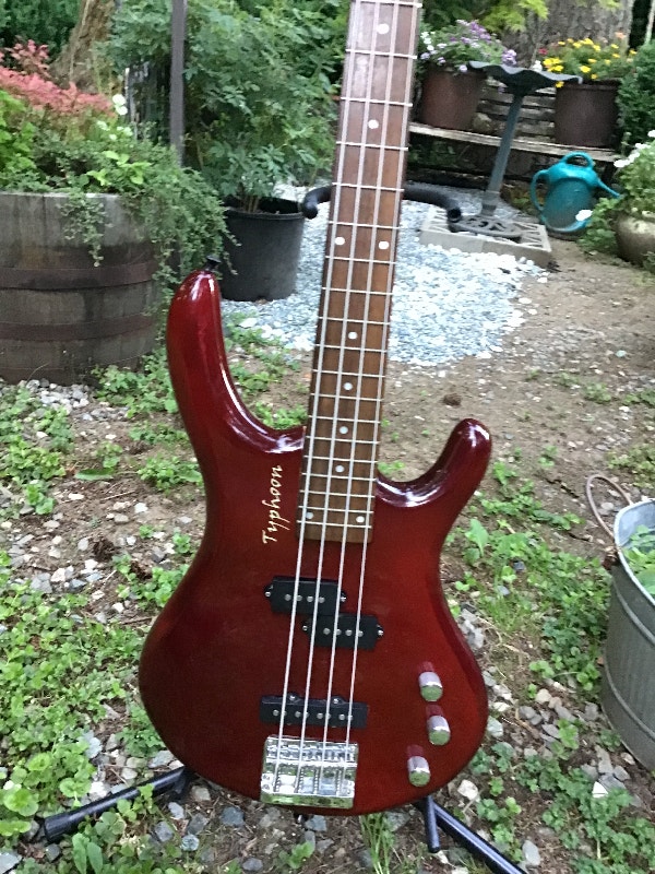 The Typhoon Bass comes with the stand. This Bass plays well. Guitars